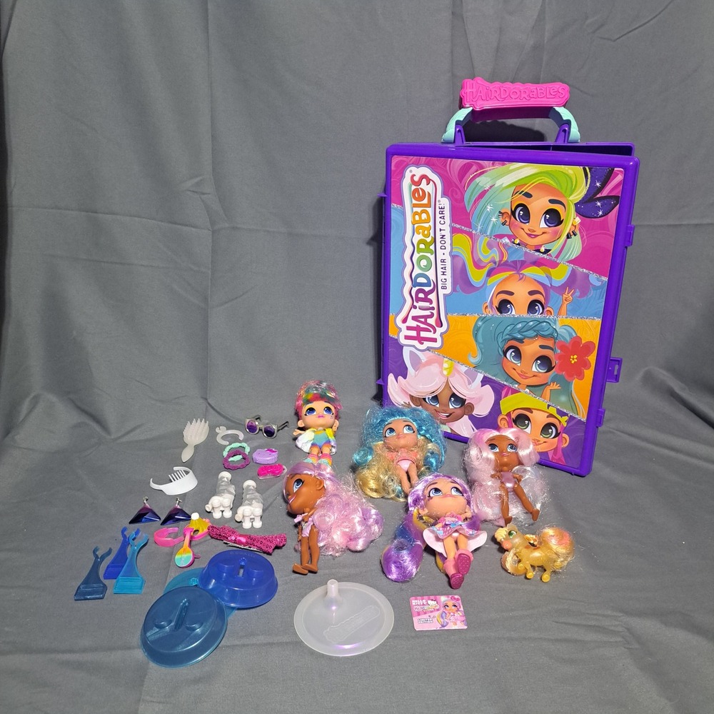 Hairdorables Lot 5 Dolls 1 Pet Accessories Purple Carrying Storage Case 4" Dolls
